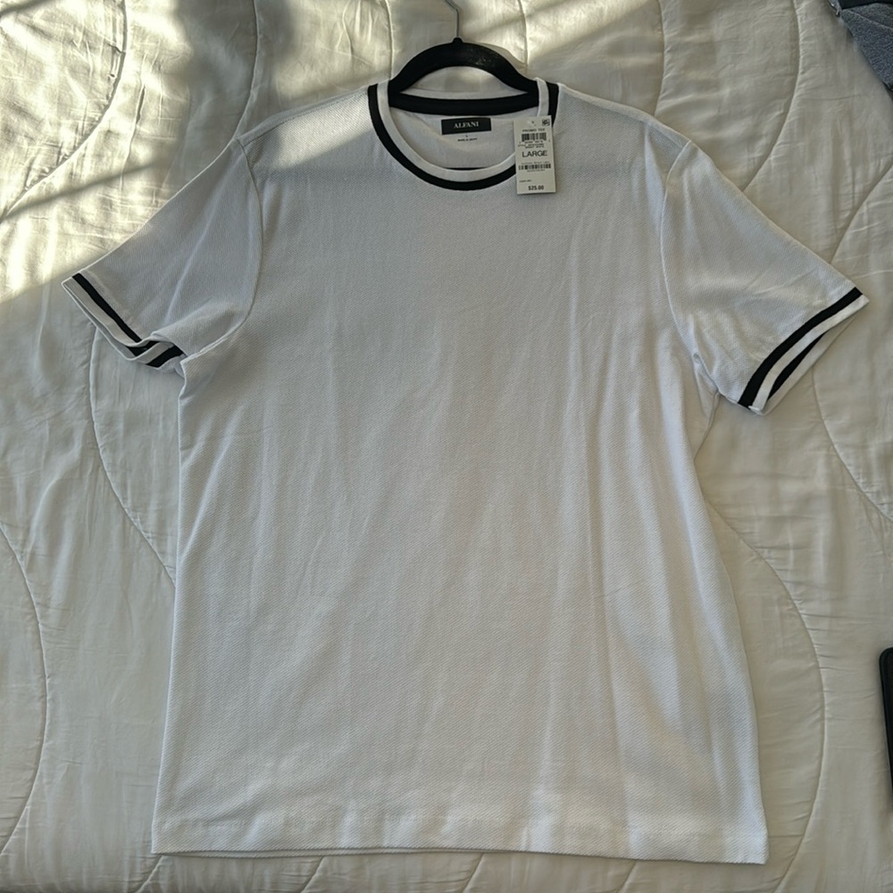 Alfani. White tee. Black decorative collar and sleeves. NEW WITH TAGS. Large